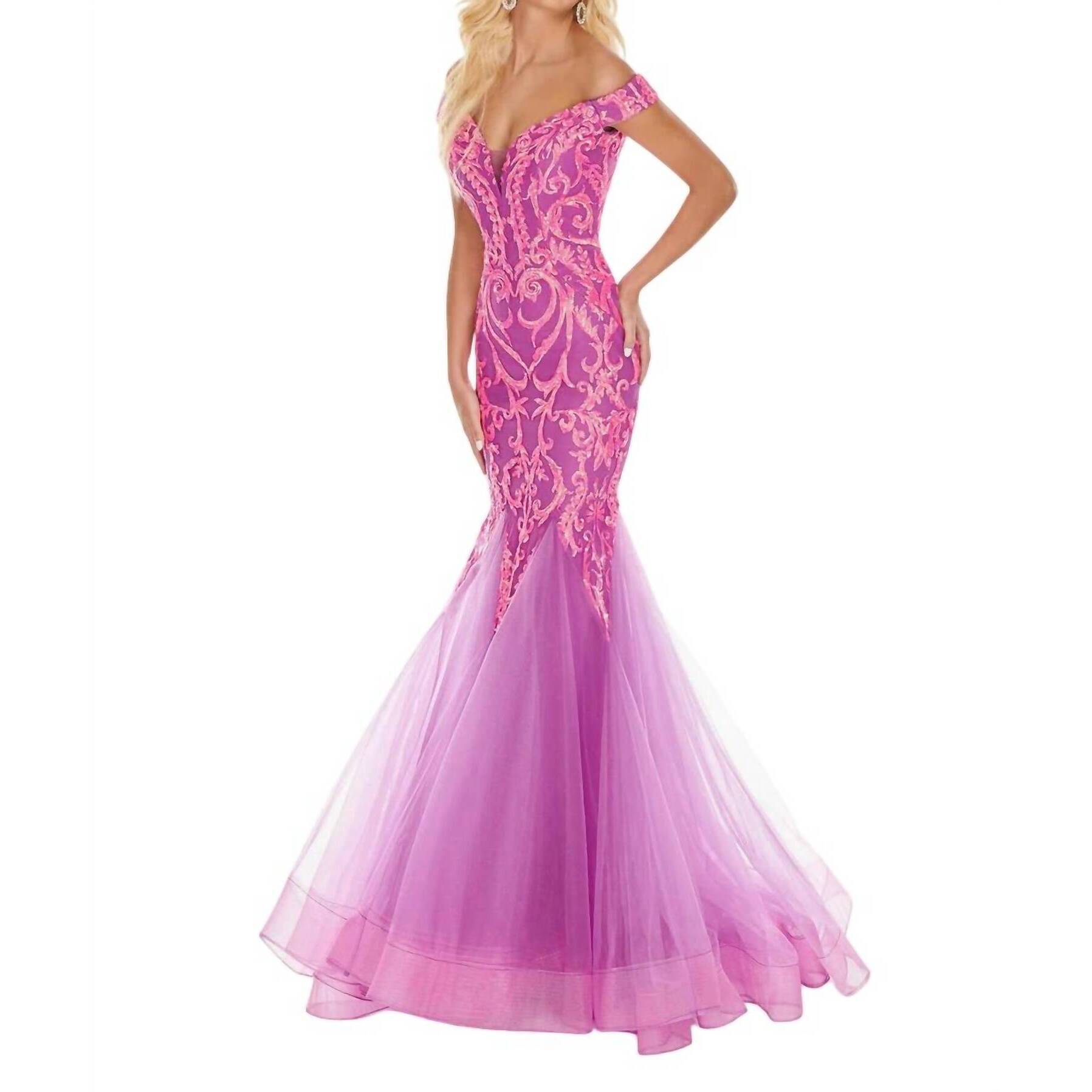 New Rachel Allan Mermaid Sequin Gown In Neon Magenta